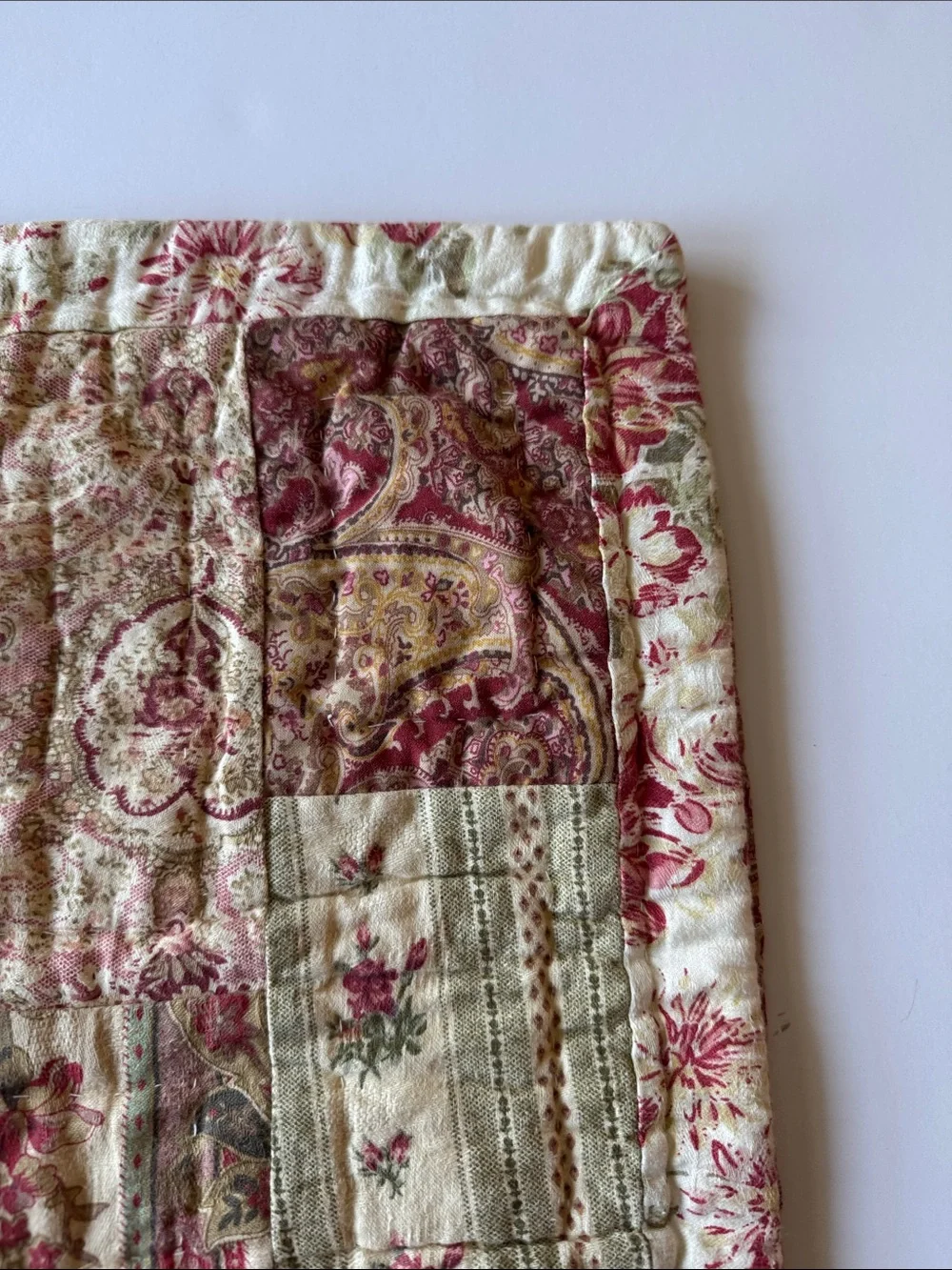 Vintage 16” Quilted Pillow Shams in Cream and Burgundy